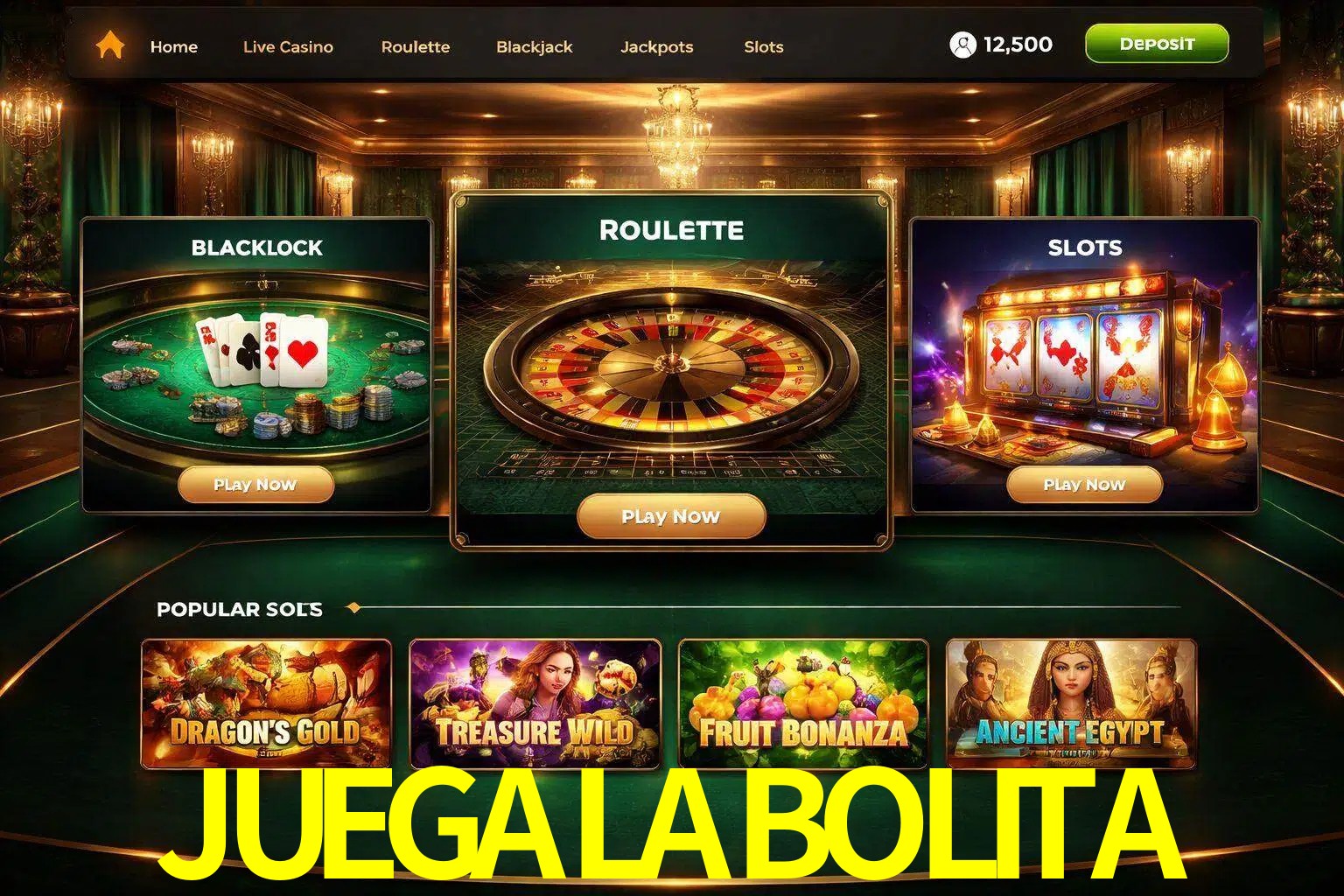 Vista de la plataforma JUEGALABOLITA Casino mostrando categorías organizadas de juegos en línea